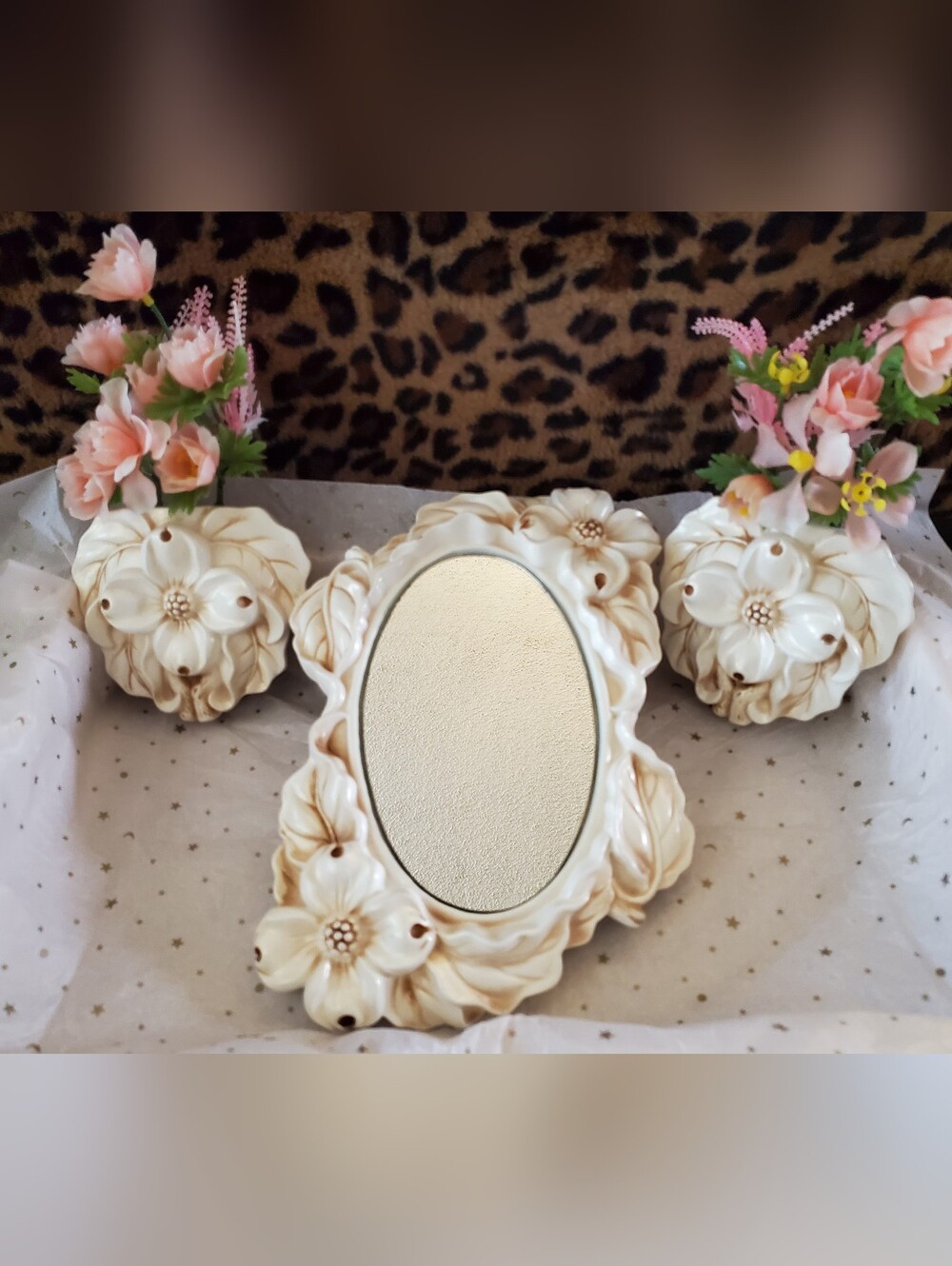 1968 Vintage Dogwood Floral Chalkware Mirror Set